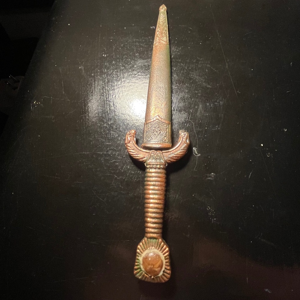 VINTAGE HEAVY METAL SWORD AND SHEATH ORNATE  LETTER OPENER 10.25" LONG
